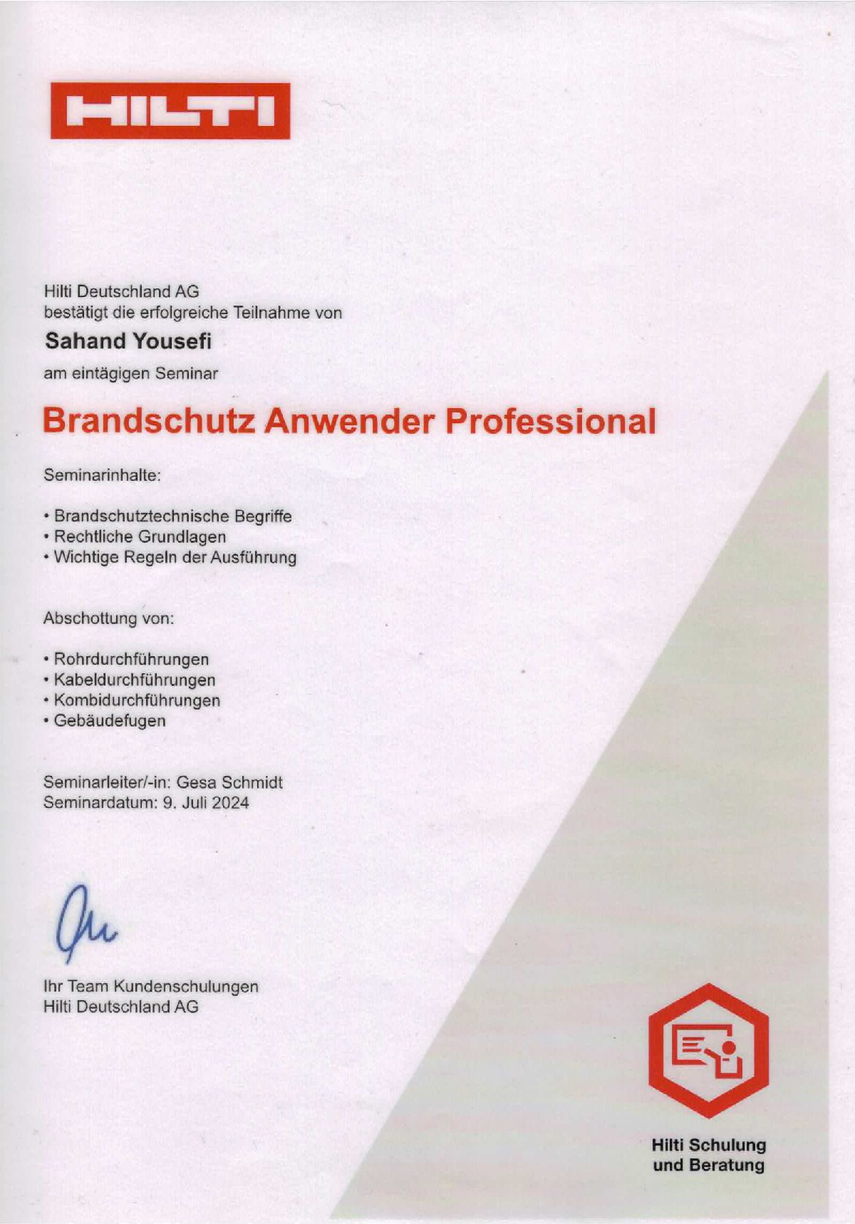 Zertifikat Brandschutz Anwender Professional – HILTI