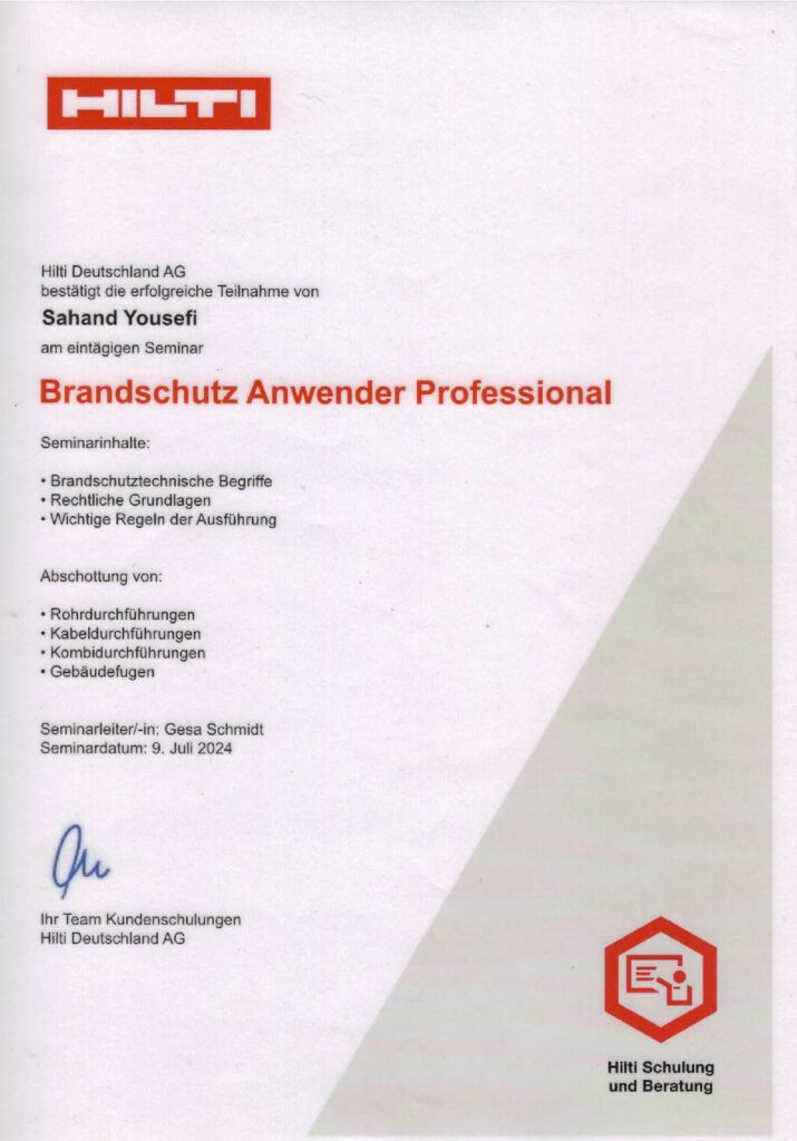 Zertifikat Brandschutz Anwender Professional – HILTI
